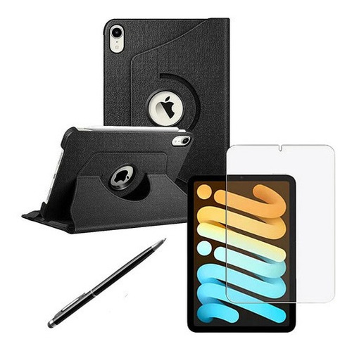 Capa Giratória Para iPad Mini 6 A2568 Preto + Pv 9h + Cn