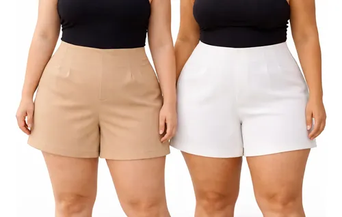 Kit 2 Short Feminino Plus Size Alfaiataria Elastano Zíper