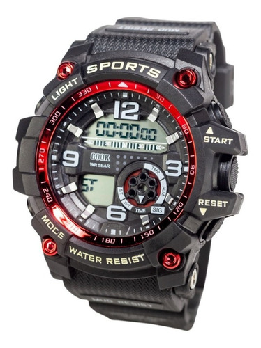 Reloj John L Cook Hombre Digital Silicona 9495 Sumergible Malla Negro Bisel Rojo Fondo Positivo