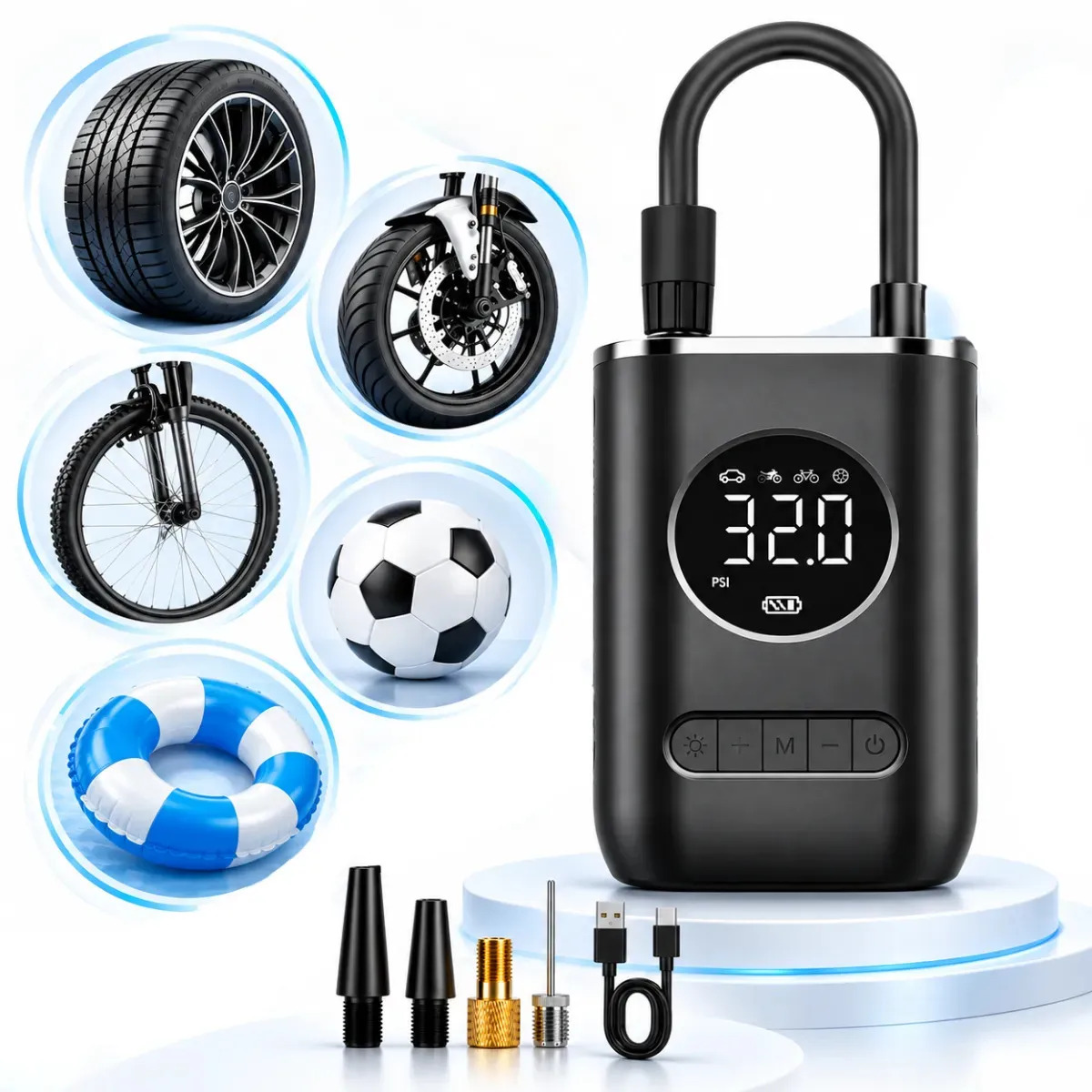 Bomba Compressor de Ar Portátil 150 PSI Digital com Bateria 2000mAh USB-C Desligamento Automático e Lanterna para Pneus Bolas e Infláveis - Multicontrol