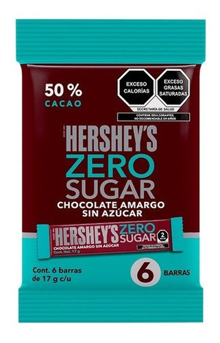 Hershey's Zero Sugar Chocolate Amargo Sin Azúcar 17g 6 Piezas