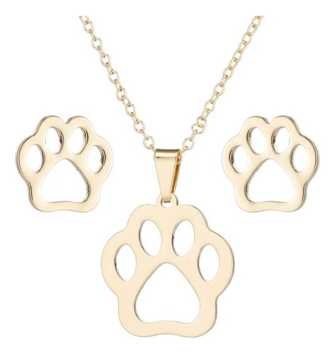 Set: Collar + Aretes Huella Perro Dog Gato Acero Inoxidable 