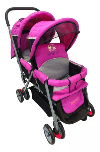 Carriola Doble Para Bebe Y Niño Gemelar Moderna Plegable Color Rosa