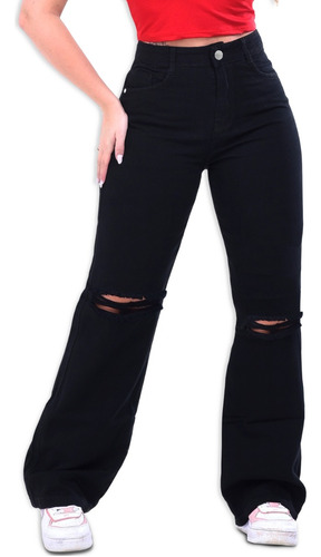 Calça Jeans Wide Leg Pantalona Rasgo No Joelho Linha Premium