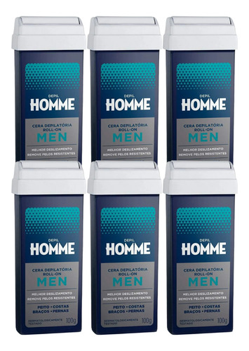 Kit C/6 Refil Cera Depil Masculina Roll On Depil Bella 100g