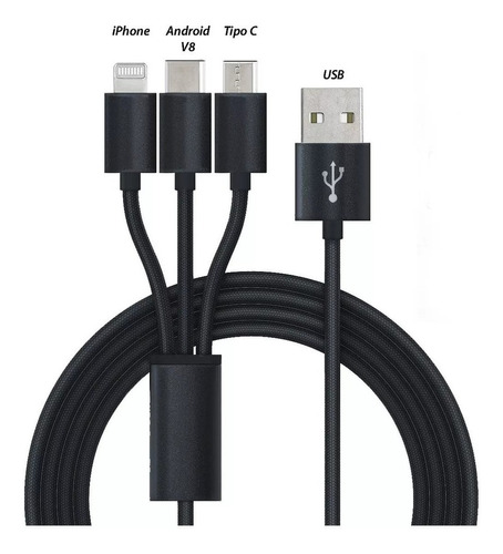 Cable Usb Reforzado 3-1 Micro Usb - Tipo 3 Entradas En Caja Color Gris