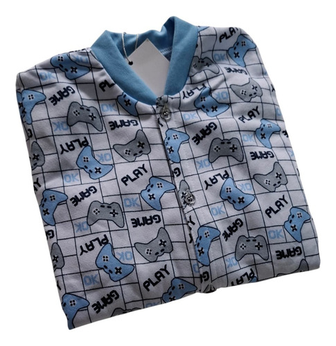 Pijama Infantil Manga Longa Macacão Flanelado Inverno Menino Branco Com Azul-aço Videogame 06