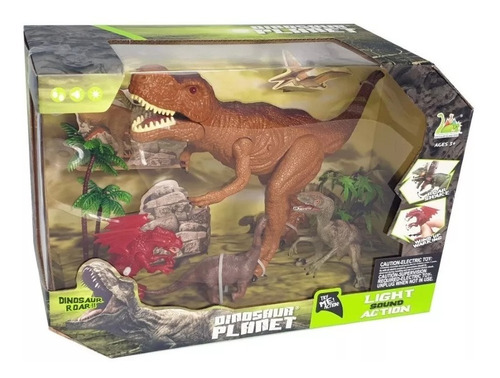  Set De Dinosaurios Con T-rex Mediano + 3 Din + Luz Y Sonido