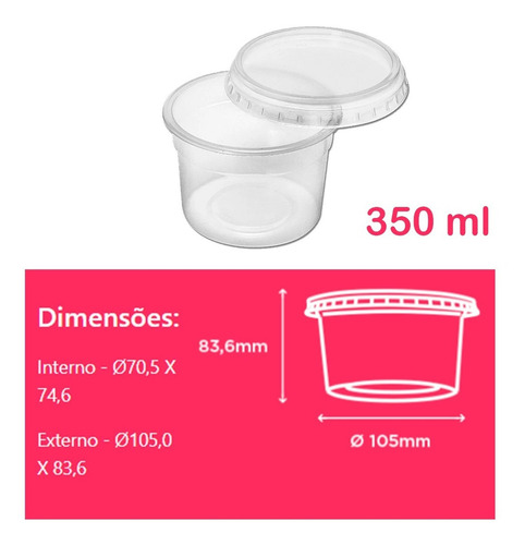 Pote Redondo Descartável 350ml Freezer Microondas Tampa 72un Cor Transparente