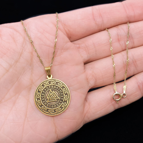 Cadena Y Dije Valknut Nudo Runa Vikingo Nórdico Oro 18k Amarillo 50 Cm