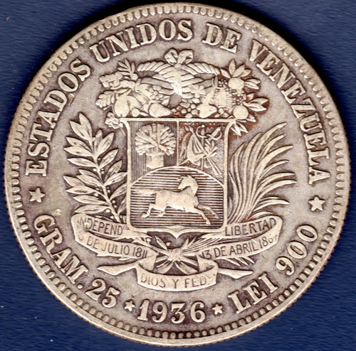 5 Bolívares 1936 Moneda De Plata De Venezuela  Fuerte