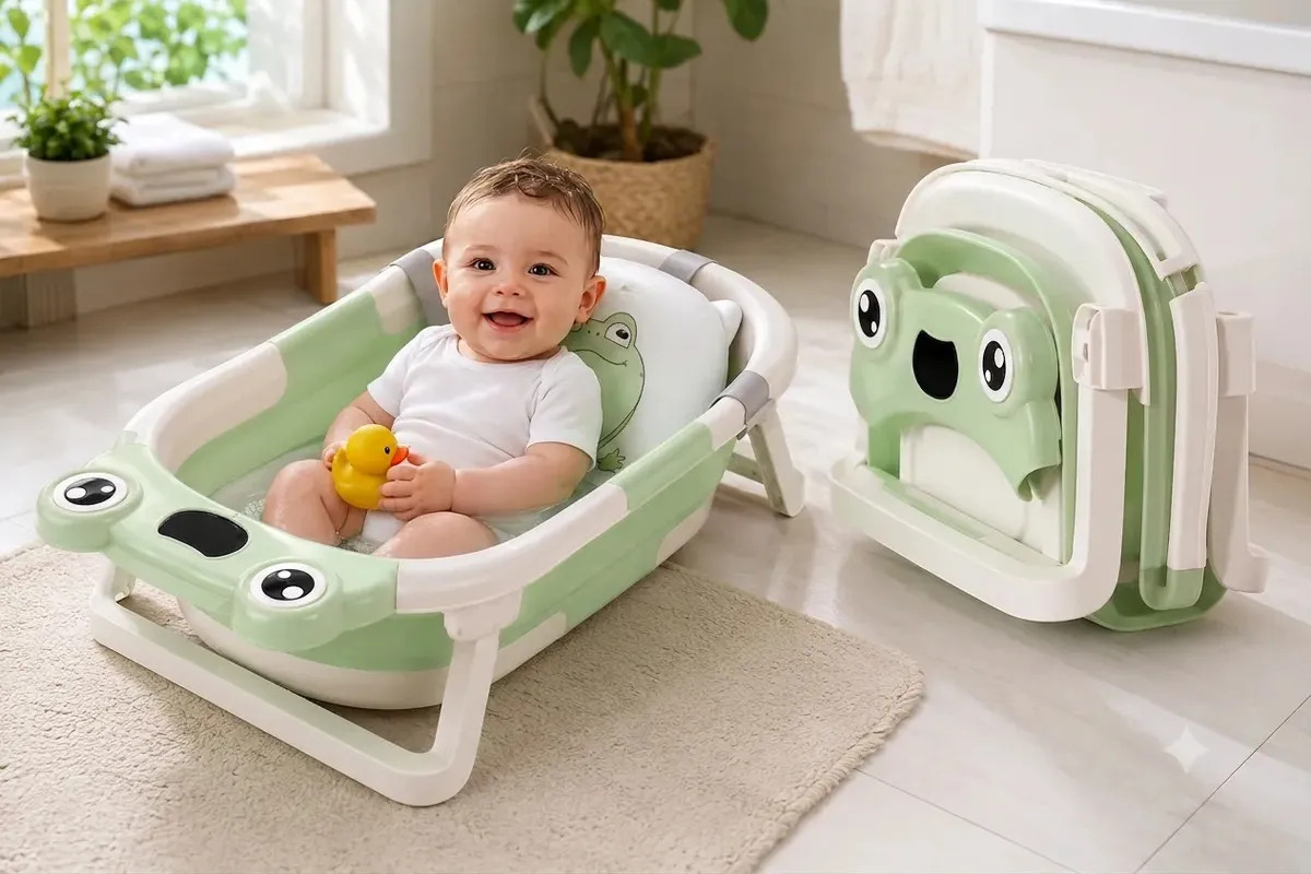 Banheira Bebe Dobrável Com Termômetro Verde Almofada Infantil Kids Suporte
