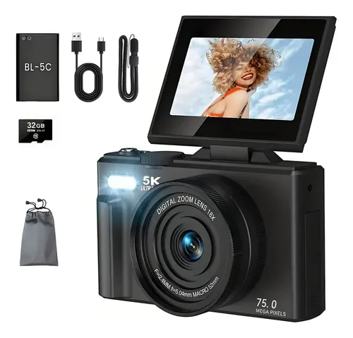 Câmera Digital 5k 75mp Zoom 18x Tela Flip 3'' Com Flash