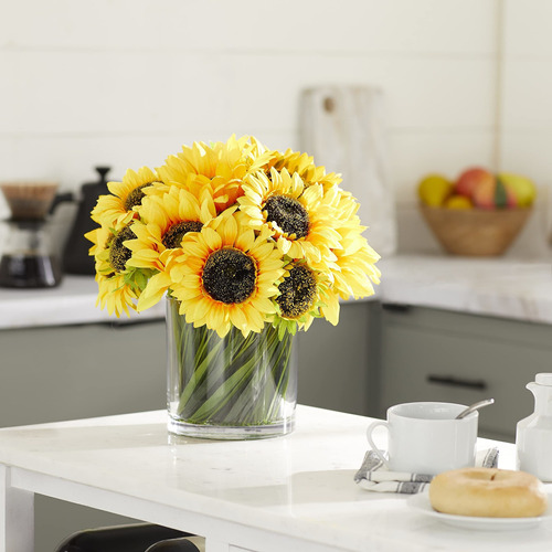 Deco 79 Girasoles En Jarrón De Cristal Con Agua Acrílica Y H