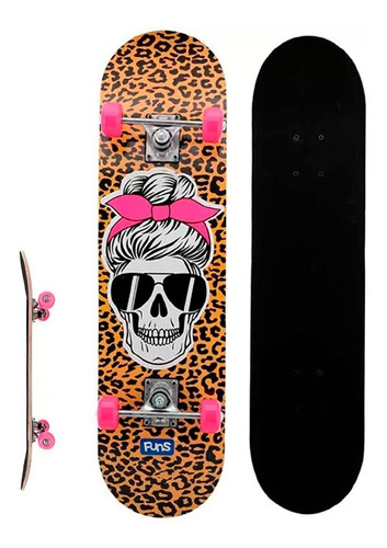 Skate Infantil Feminino Caveira E Oncinha Com Acessórios