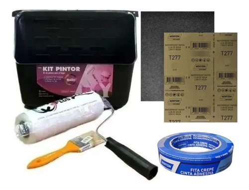 Kit Pintor Bandeja Pincel Rodillo Lija Cinta De Enmascarar