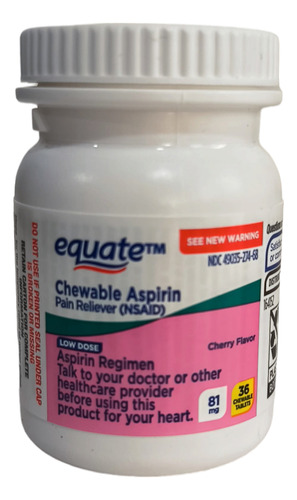 Aspirina De 81 Mg Sabor A Cereza. Masticable. Equate 36 Tabl