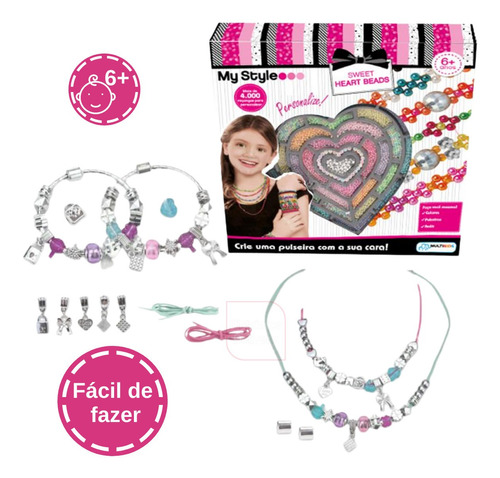 Kit Pulseiras Miçangas Pingentes Heart Beads Rosa Multikids