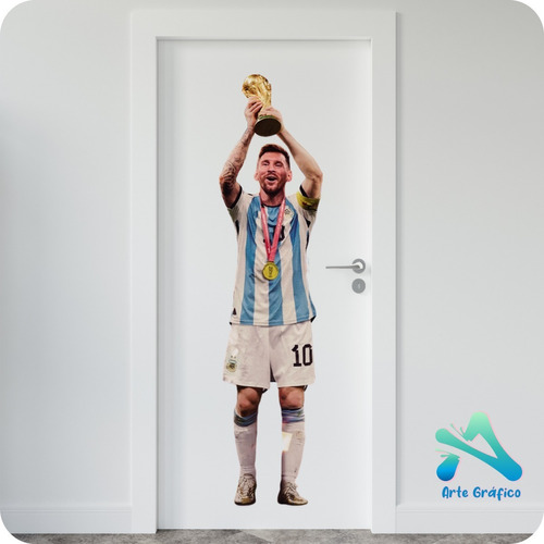 Vinilo Pared Puerta Messi Levantado La Copa Del Mundo 
