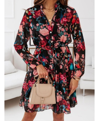 Vestido De Manga Larga Estampado Con Botones
