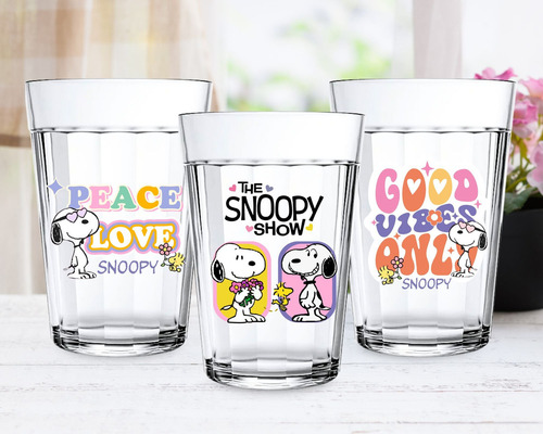 Jogo 3 Copos Americanos Personalizado Snoopy Peanuts Fofo Cor Transparente