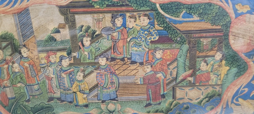 Quadro Pintura Cena Chinesa Madeira Meia Lua / Portico