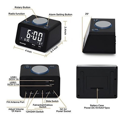 Imagen 3 de 6 de Reloj Despertador Usb, Radio Despertador Digital Con Puerto