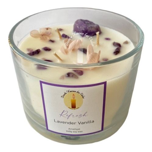 Vela Aromatica Soya, Lavanda Y Vainilla, Con Cuarzos