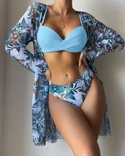 Conjunto De Pareo De Playa De Kimono + Bikini Floral For