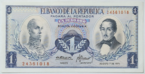 Billete 1 Peso 07/ago/1971 Colombia Au