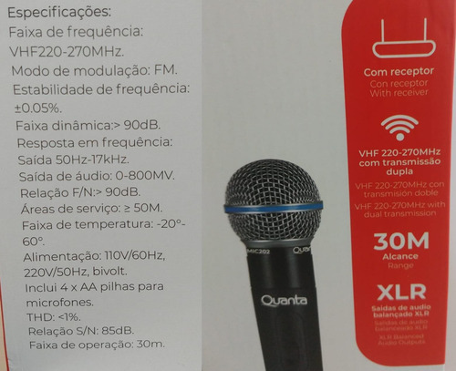 Microfone Sem Fio Wireless Vhf Duplo Quanta Qtmic202 Bivolt