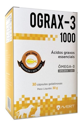 Ograx-3 1000 Omega 3 Avert Para Cães E Gatos 30 Cápsulas