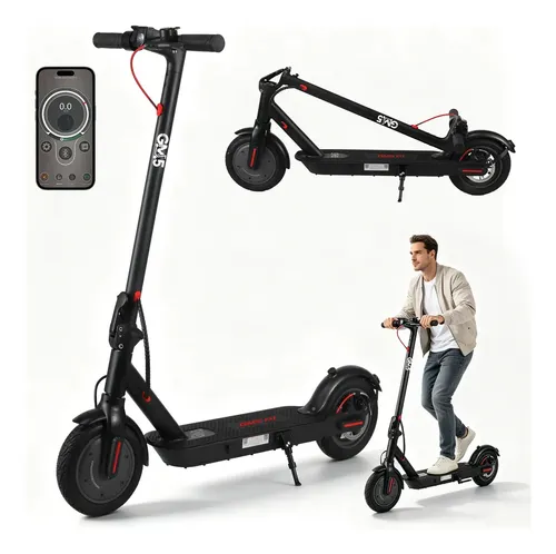 Patinete elétrico GM5 P1 preto dobrável, exibido em três poses: em pé, dobrado e sendo usado por um homem, com um controle remoto/aplicativo ao lado.