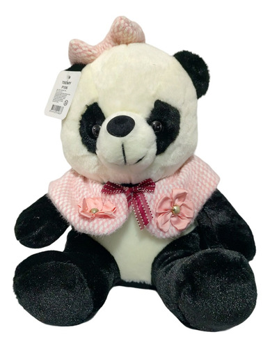 Peluche Osita Panda Moño Y Cuello Flores Rosada 30cm De Alto