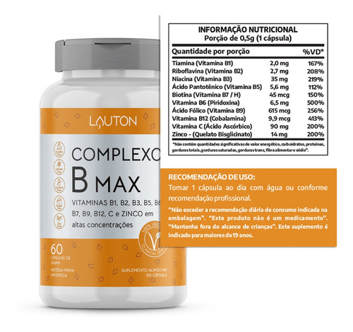 Lauton Nutrition Complexo B Max 60 Cápsulas Sem Sabor