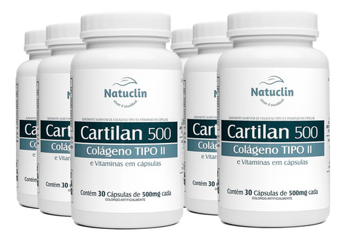 Cartilan Colágeno Tipo 2 - 30 Cápsulas - 500mg - 6 Frascos Sabor Sem sabor
