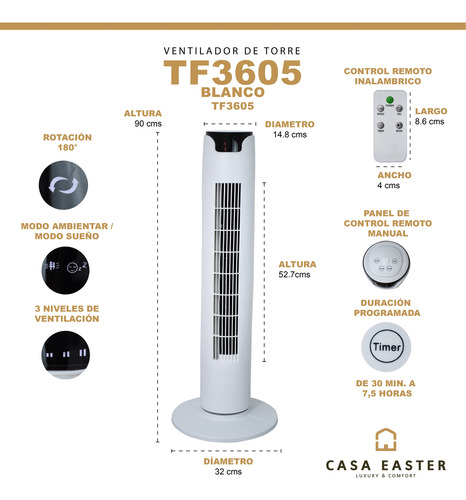 Ventilador De Torre 3 Niveles De Ventilación Y Rotación 180°