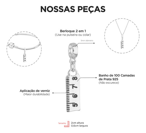 Berloque Régua Professora Banhado A Prata 925 Premium