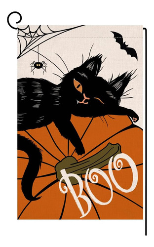 Blkwht Bandera De Jardín De Halloween Boo Cat 12 X 18 Vertic