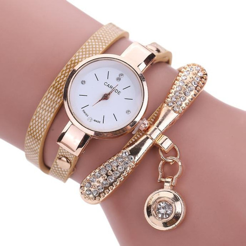 Relogio Feminino Dourado Pulseira De Couro Bracelete Strass