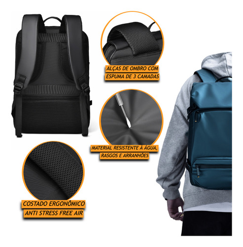 Mochila Masculina Executiva Impermeável Notebook 15,6 Polegadas 2 Em 1 Com Bolsa Transversal Removível Multiuso Faculdade Escola Cor Preto