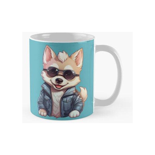 Taza Cartoon Husky Con Una Chaqueta De Cuero Y Gafas De Sol.