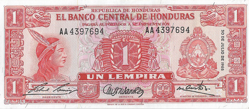 Honduras  1 Lempira 1965 S/c (flor De Est.) Alto Valor X Cat