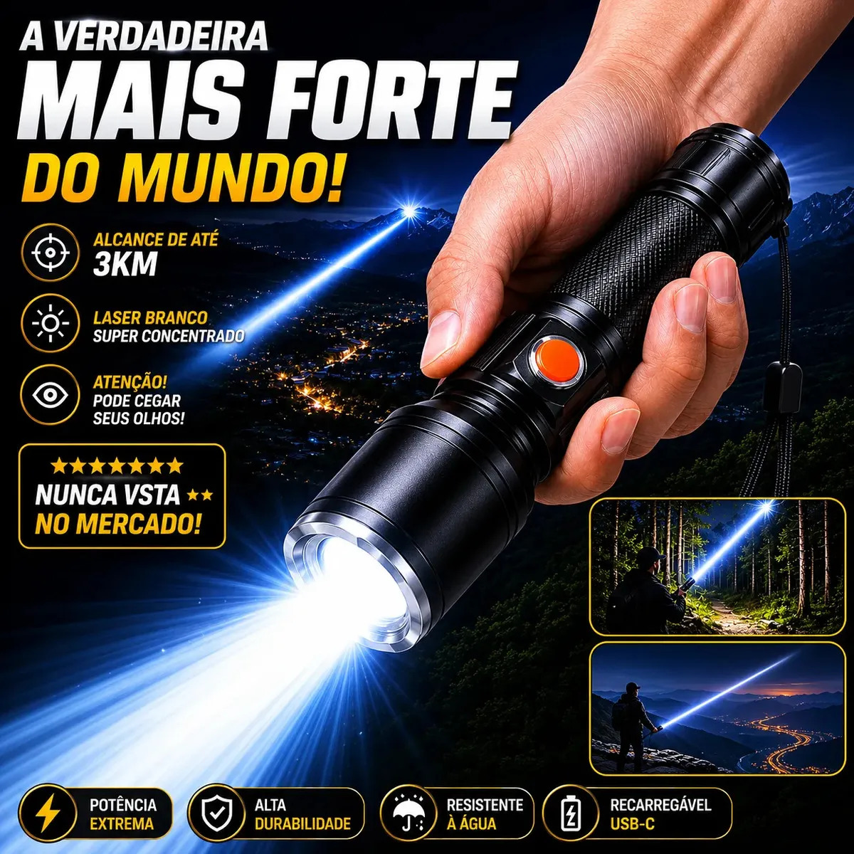 Lanterna a Verdadeira Mais Forte do Mundo Tática Alcance 3km Super Potente Recarregável Led Alta Potência Zoom Telescópico Usb-c Profissional Militar Camping Pesca Trilha Emergência