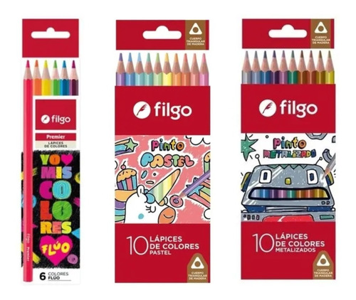 Lapices De Color Pinturitas Filgo X3 Cajas Fluo Pastel Metal