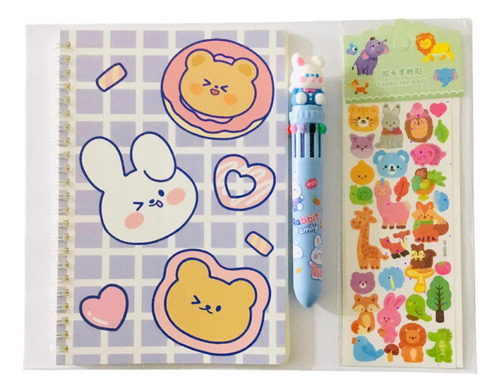 Set Libreta Lápiz Y Stickers Kawaii