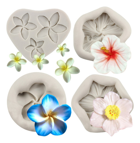 4pcs Molde Silicona Plumeria Flor De Hibisco Fondant Resina