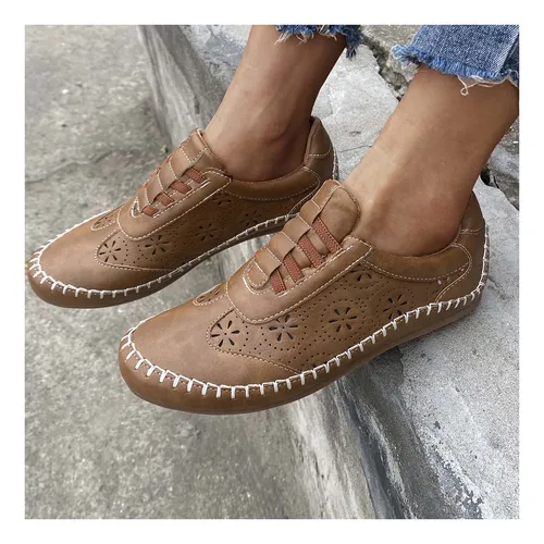 Zapatos Vaqueros Para Mujer Retro Con Cordones Planos Pa