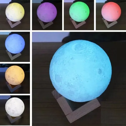 Velador Lampara Led Luna 3d Recargable 7 Colores Tactil 18cm Estructura Marrón Claro