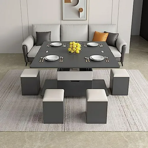 Mesa De Centro Multifuncional Gris Oscuro Con 4 Taburetes, 3